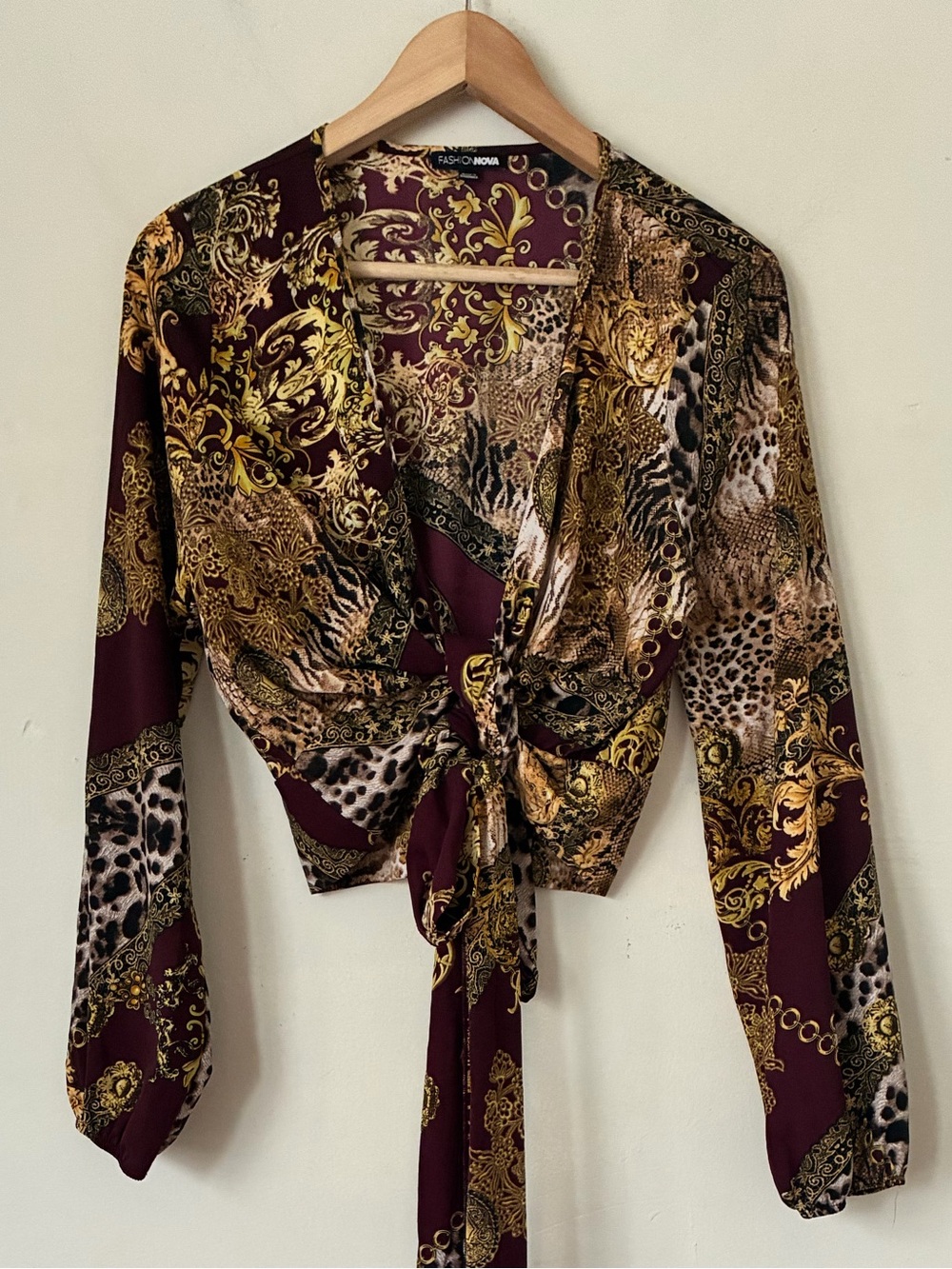Fashion Nova Womens Baroque Leopard Print Tie Front Crop Top Burgundy Gold M